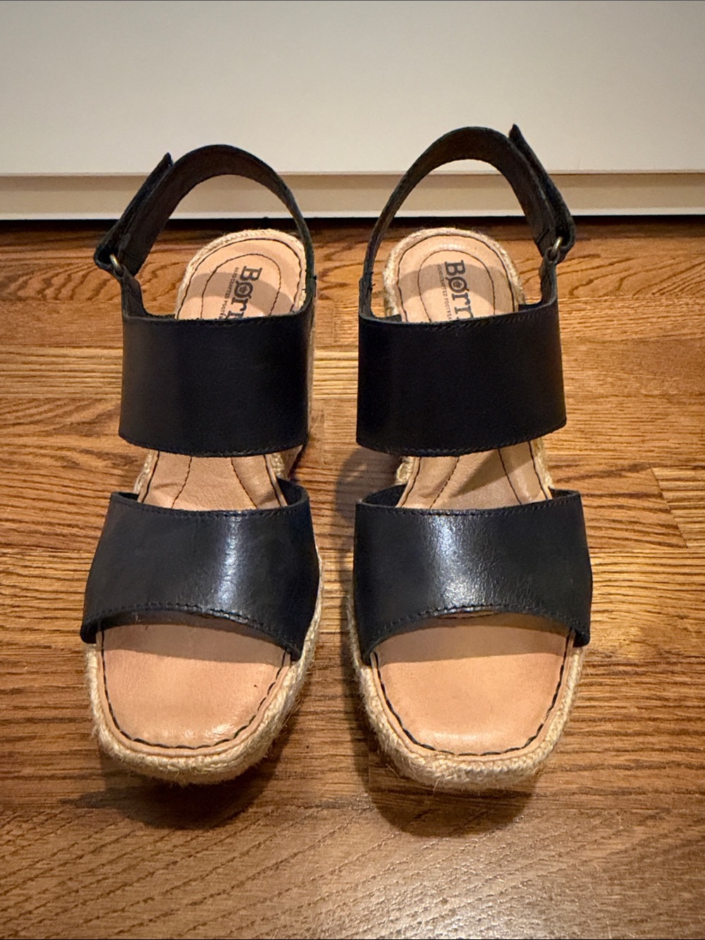 Born Black Leather Espadrille Wedge Sandals with Ankle Strap